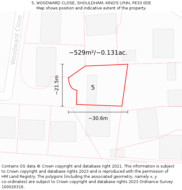 5, WOODWARD CLOSE, SHOULDHAM, KING'S LYNN, PE33 0DE: Plot and title map