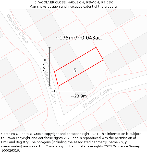 5, WOOLNER CLOSE, HADLEIGH, IPSWICH, IP7 5SX: Plot and title map
