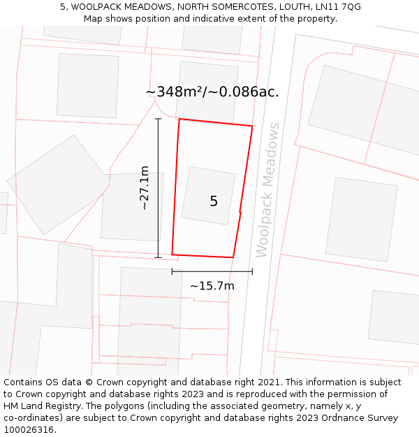 5, WOOLPACK MEADOWS, NORTH SOMERCOTES, LOUTH, LN11 7QG: Plot and title map