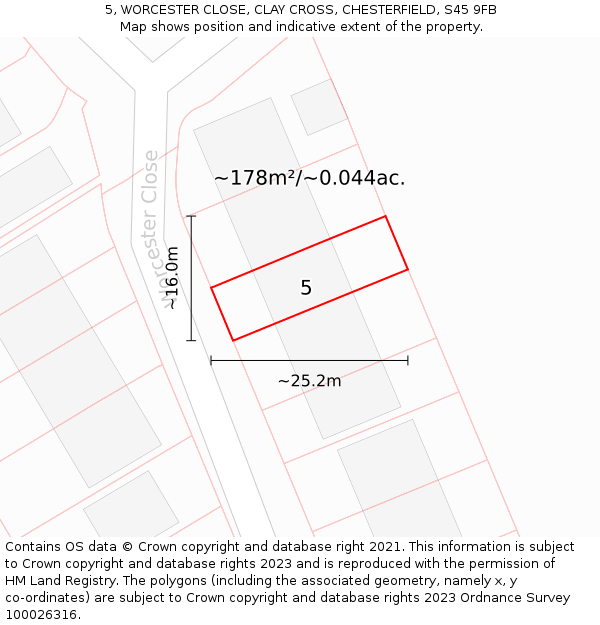 5, WORCESTER CLOSE, CLAY CROSS, CHESTERFIELD, S45 9FB: Plot and title map