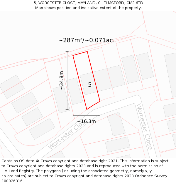 5, WORCESTER CLOSE, MAYLAND, CHELMSFORD, CM3 6TD: Plot and title map