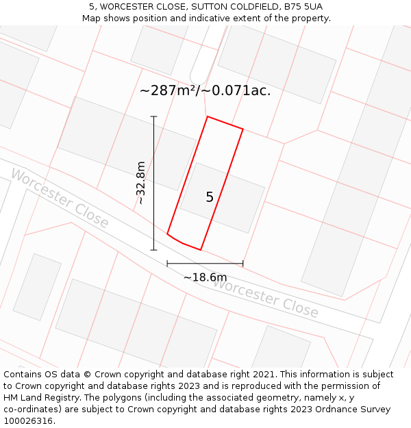 5, WORCESTER CLOSE, SUTTON COLDFIELD, B75 5UA: Plot and title map