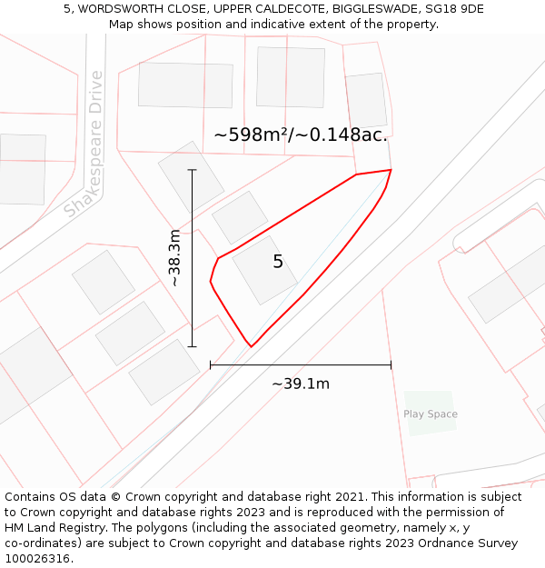 5, WORDSWORTH CLOSE, UPPER CALDECOTE, BIGGLESWADE, SG18 9DE: Plot and title map
