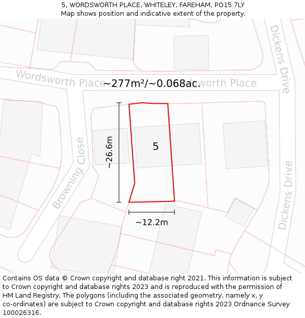 5, WORDSWORTH PLACE, WHITELEY, FAREHAM, PO15 7LY: Plot and title map