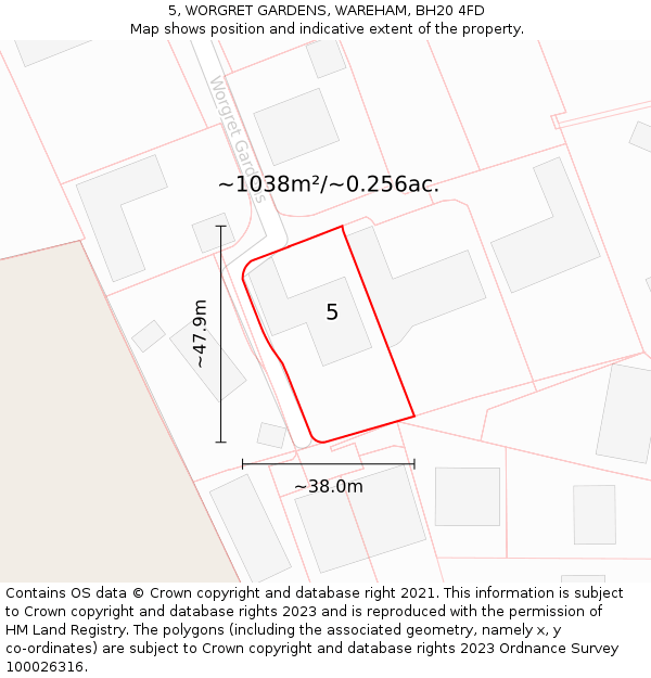 5, WORGRET GARDENS, WAREHAM, BH20 4FD: Plot and title map