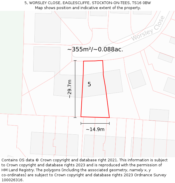 5, WORSLEY CLOSE, EAGLESCLIFFE, STOCKTON-ON-TEES, TS16 0BW: Plot and title map