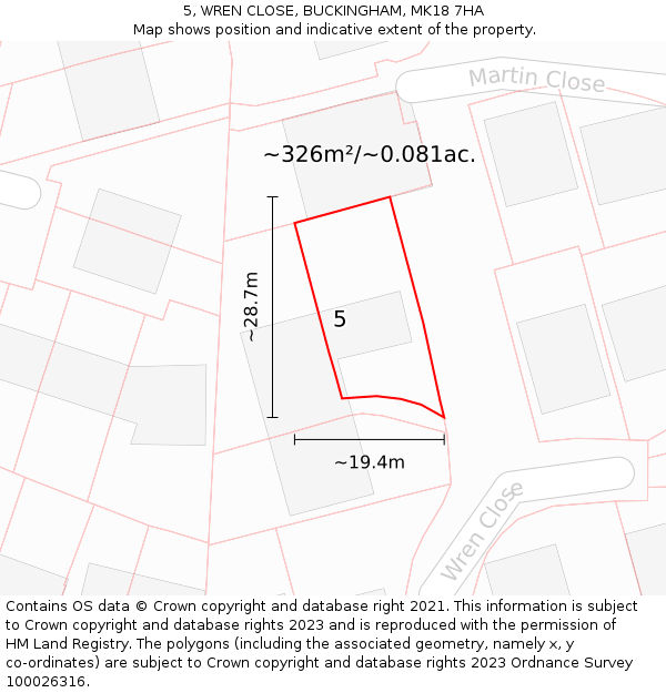 5, WREN CLOSE, BUCKINGHAM, MK18 7HA: Plot and title map