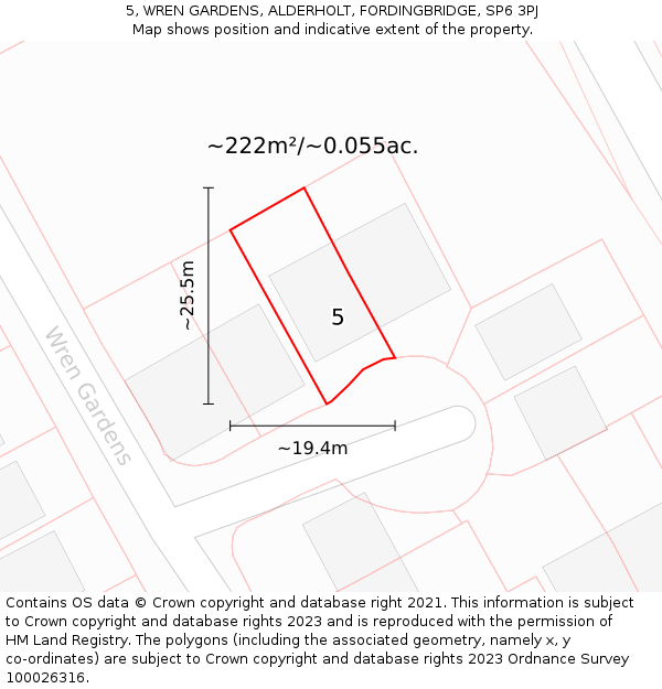 5, WREN GARDENS, ALDERHOLT, FORDINGBRIDGE, SP6 3PJ: Plot and title map