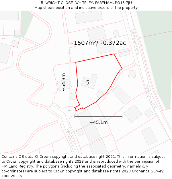 5, WRIGHT CLOSE, WHITELEY, FAREHAM, PO15 7JU: Plot and title map