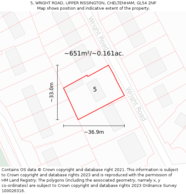5, WRIGHT ROAD, UPPER RISSINGTON, CHELTENHAM, GL54 2NP: Plot and title map