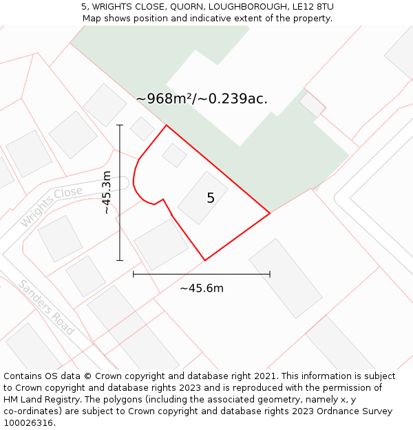 5, WRIGHTS CLOSE, QUORN, LOUGHBOROUGH, LE12 8TU: Plot and title map