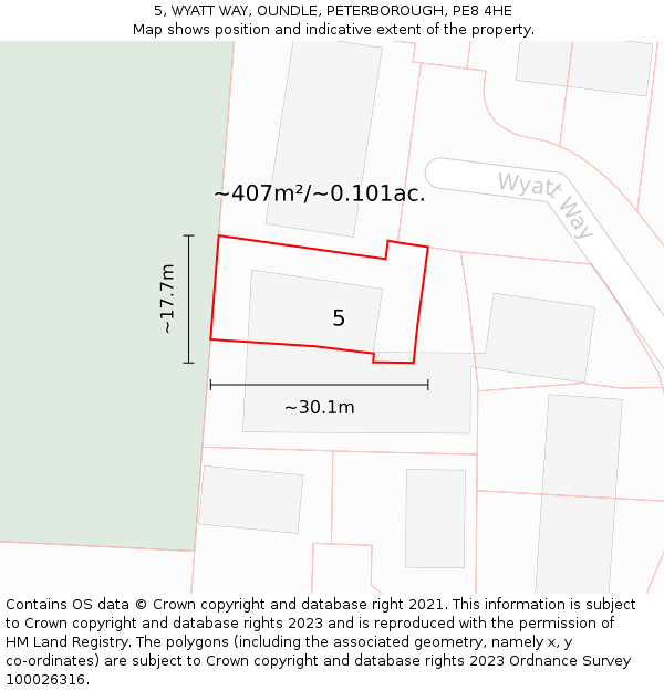 5, WYATT WAY, OUNDLE, PETERBOROUGH, PE8 4HE: Plot and title map