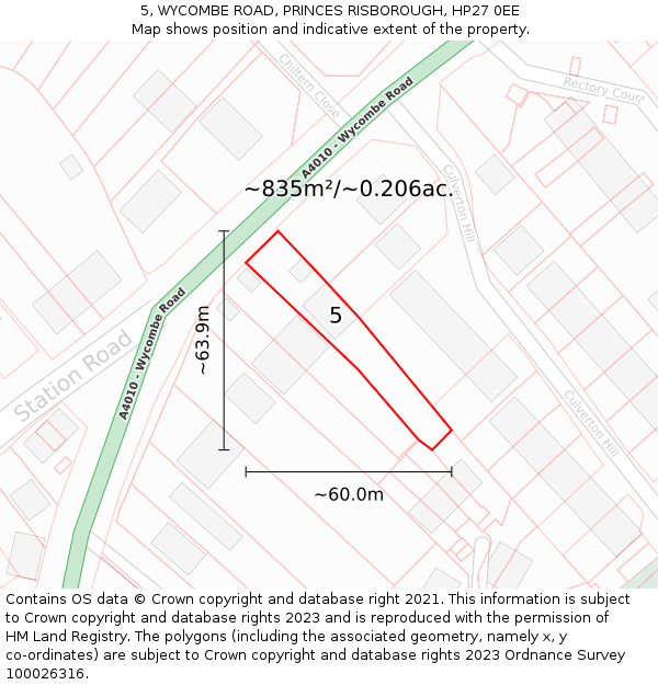 5, WYCOMBE ROAD, PRINCES RISBOROUGH, HP27 0EE: Plot and title map