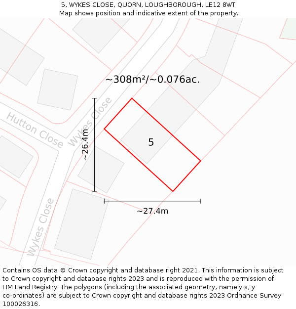 5, WYKES CLOSE, QUORN, LOUGHBOROUGH, LE12 8WT: Plot and title map
