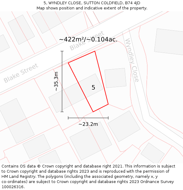 5, WYNDLEY CLOSE, SUTTON COLDFIELD, B74 4JD: Plot and title map