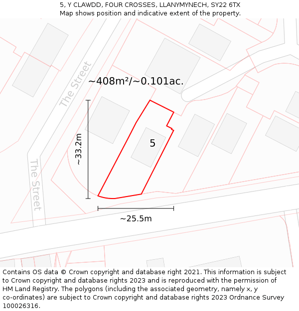 5, Y CLAWDD, FOUR CROSSES, LLANYMYNECH, SY22 6TX: Plot and title map