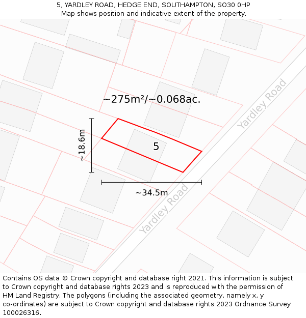 5, YARDLEY ROAD, HEDGE END, SOUTHAMPTON, SO30 0HP: Plot and title map