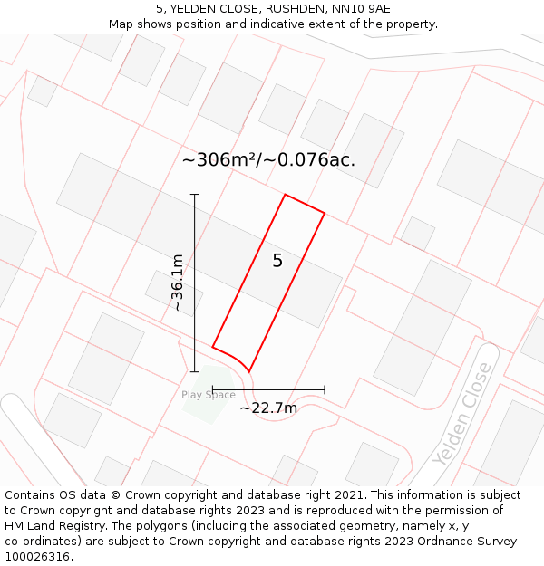 5, YELDEN CLOSE, RUSHDEN, NN10 9AE: Plot and title map