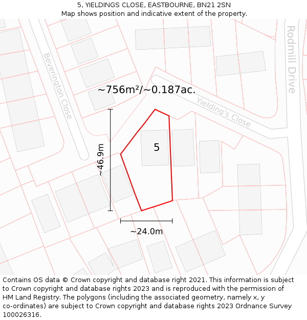 5, YIELDINGS CLOSE, EASTBOURNE, BN21 2SN: Plot and title map
