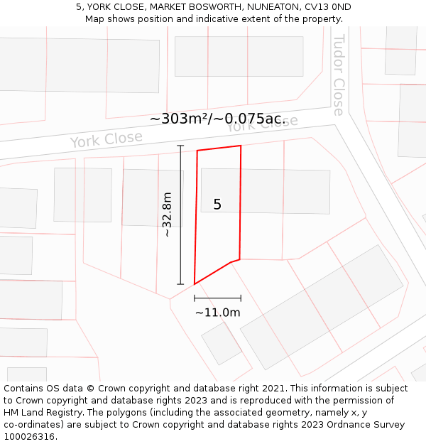 5, YORK CLOSE, MARKET BOSWORTH, NUNEATON, CV13 0ND: Plot and title map