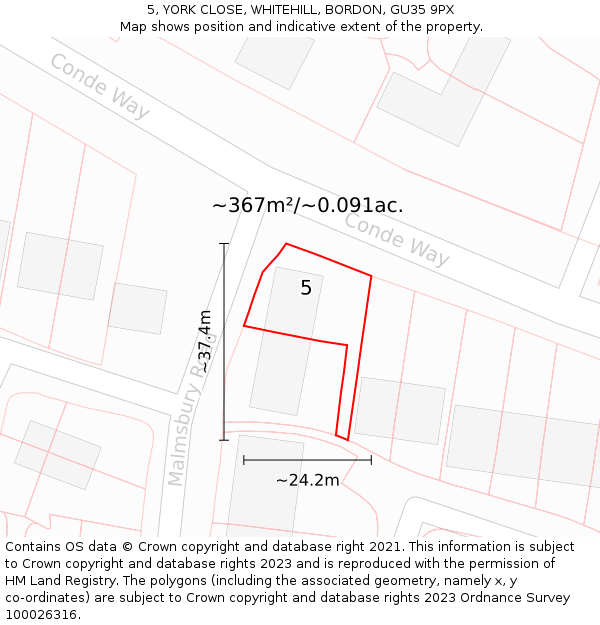 5, YORK CLOSE, WHITEHILL, BORDON, GU35 9PX: Plot and title map
