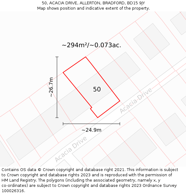 50, ACACIA DRIVE, ALLERTON, BRADFORD, BD15 9JY: Plot and title map