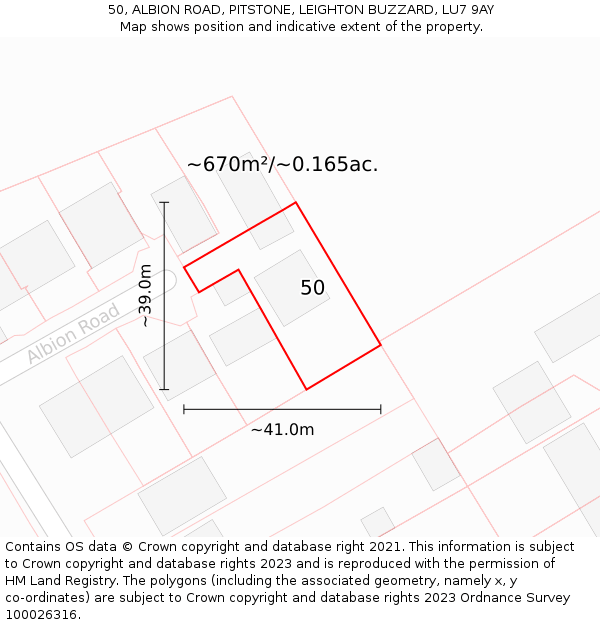 50, ALBION ROAD, PITSTONE, LEIGHTON BUZZARD, LU7 9AY: Plot and title map