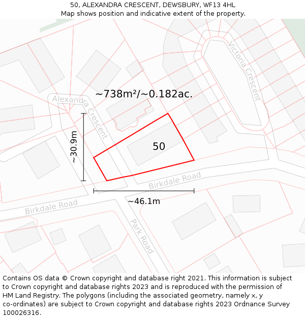 50, ALEXANDRA CRESCENT, DEWSBURY, WF13 4HL: Plot and title map