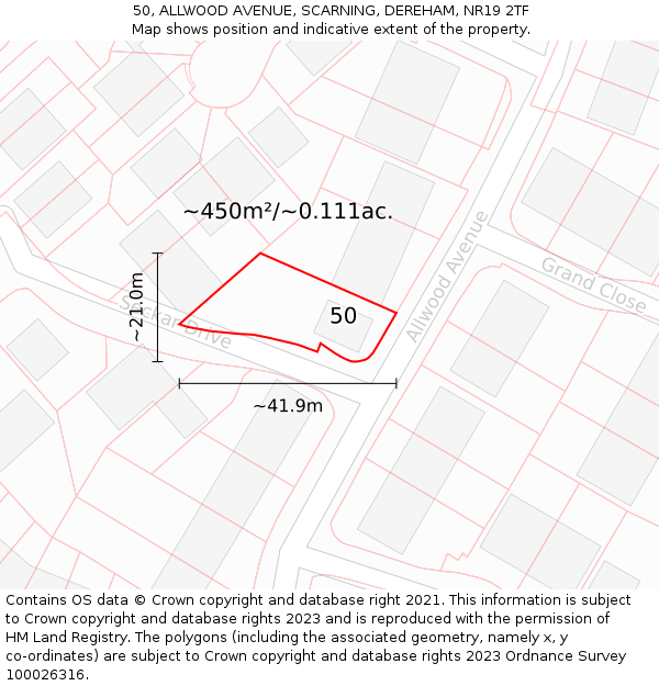 50, ALLWOOD AVENUE, SCARNING, DEREHAM, NR19 2TF: Plot and title map