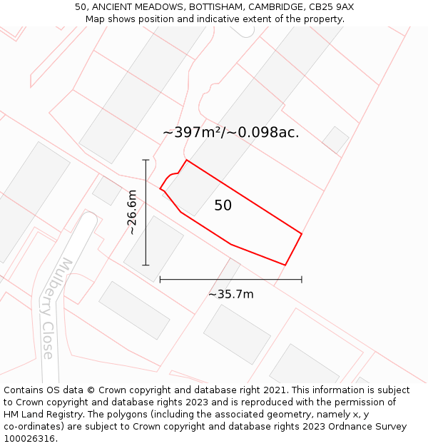 50, ANCIENT MEADOWS, BOTTISHAM, CAMBRIDGE, CB25 9AX: Plot and title map