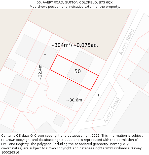 50, AVERY ROAD, SUTTON COLDFIELD, B73 6QX: Plot and title map
