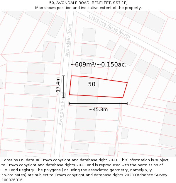50, AVONDALE ROAD, BENFLEET, SS7 1EJ: Plot and title map