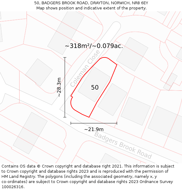 50, BADGERS BROOK ROAD, DRAYTON, NORWICH, NR8 6EY: Plot and title map