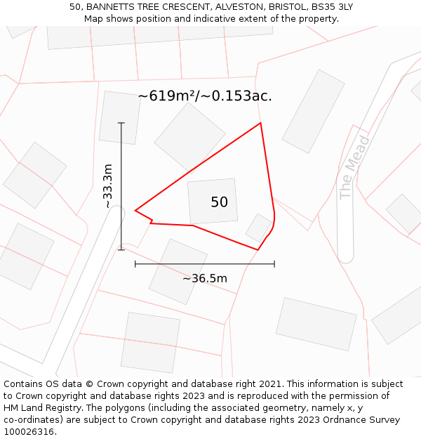 50, BANNETTS TREE CRESCENT, ALVESTON, BRISTOL, BS35 3LY: Plot and title map