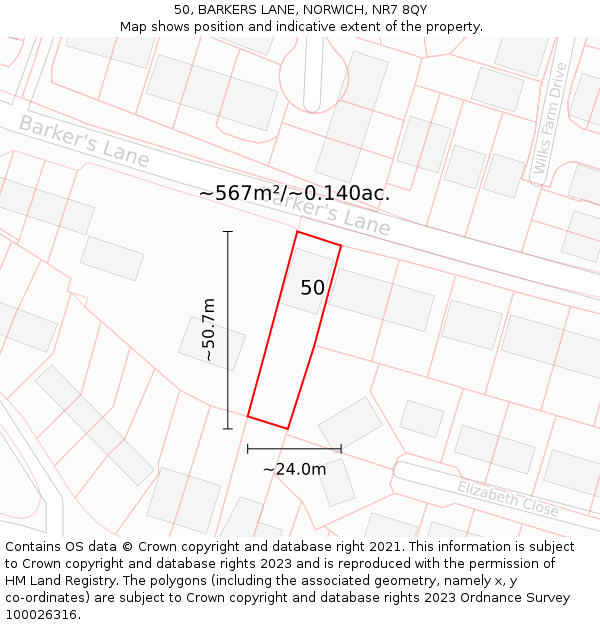 50, BARKERS LANE, NORWICH, NR7 8QY: Plot and title map