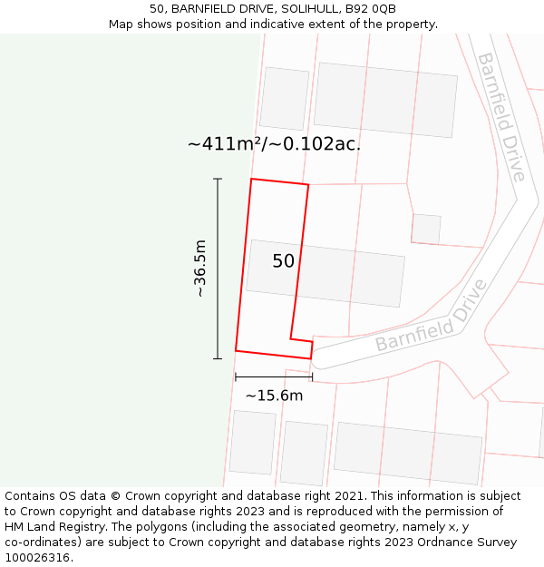 50, BARNFIELD DRIVE, SOLIHULL, B92 0QB: Plot and title map