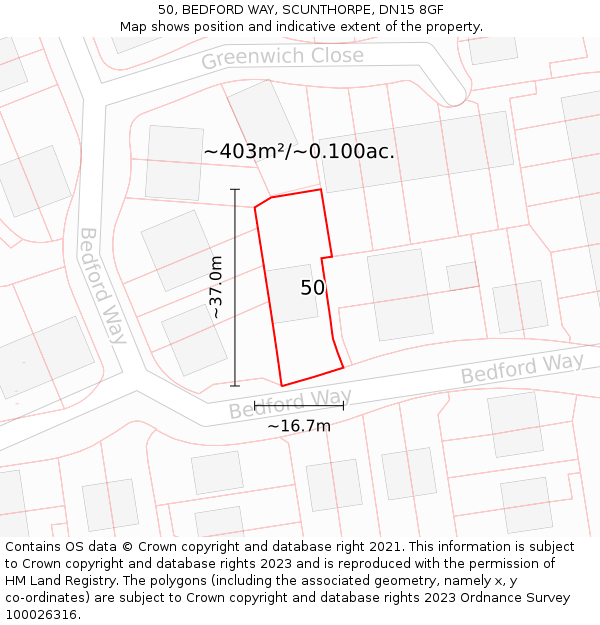 50, BEDFORD WAY, SCUNTHORPE, DN15 8GF: Plot and title map