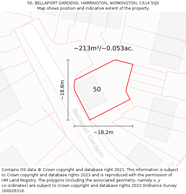 50, BELLAPORT GARDENS, HARRINGTON, WORKINGTON, CA14 5QX: Plot and title map