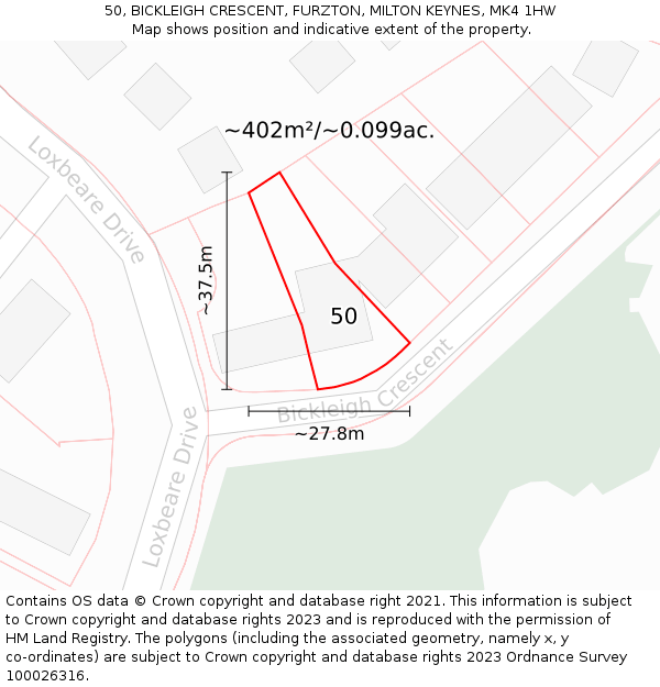 50, BICKLEIGH CRESCENT, FURZTON, MILTON KEYNES, MK4 1HW: Plot and title map