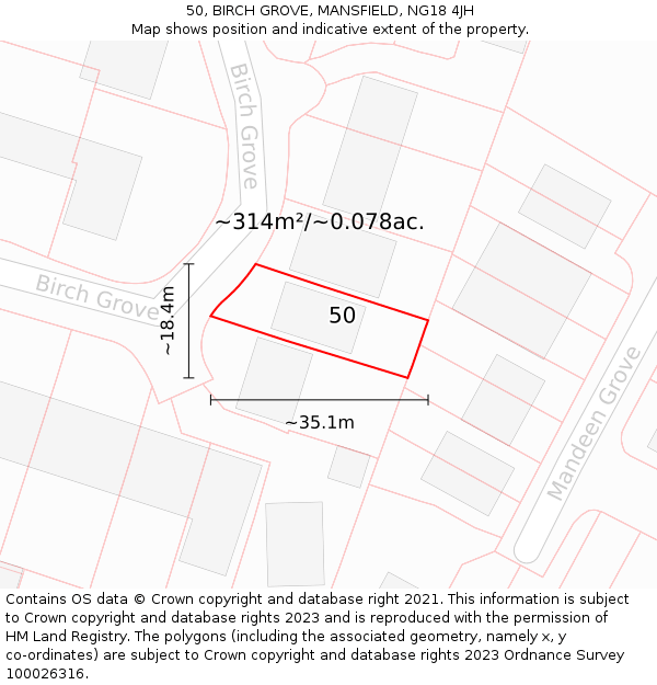 50, BIRCH GROVE, MANSFIELD, NG18 4JH: Plot and title map