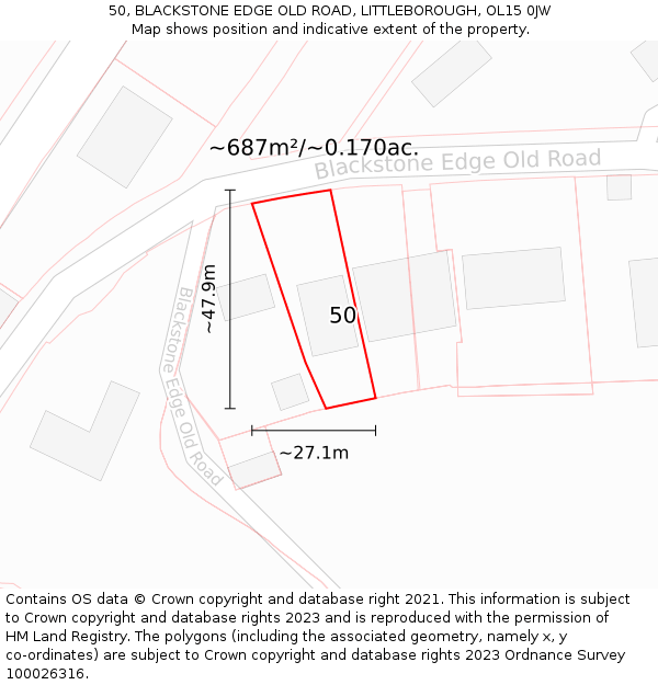 50, BLACKSTONE EDGE OLD ROAD, LITTLEBOROUGH, OL15 0JW: Plot and title map
