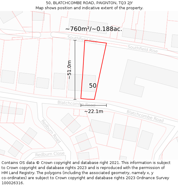 50, BLATCHCOMBE ROAD, PAIGNTON, TQ3 2JY: Plot and title map