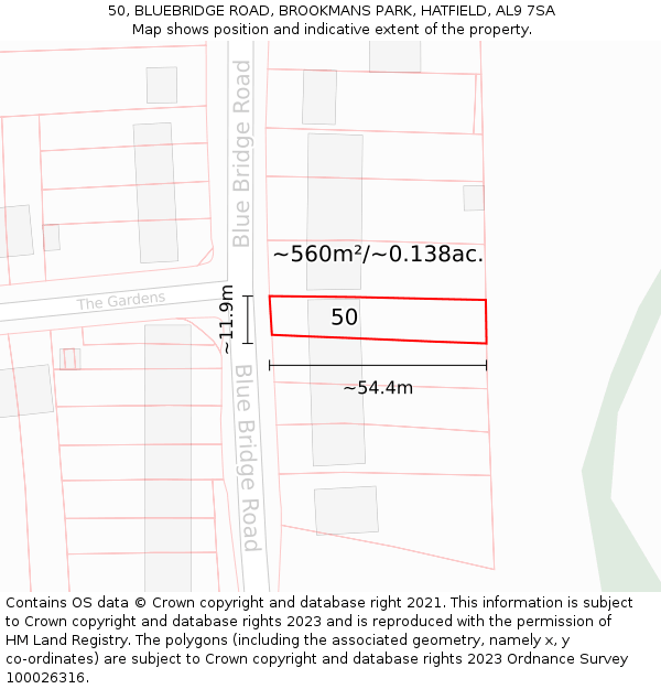 50, BLUEBRIDGE ROAD, BROOKMANS PARK, HATFIELD, AL9 7SA: Plot and title map