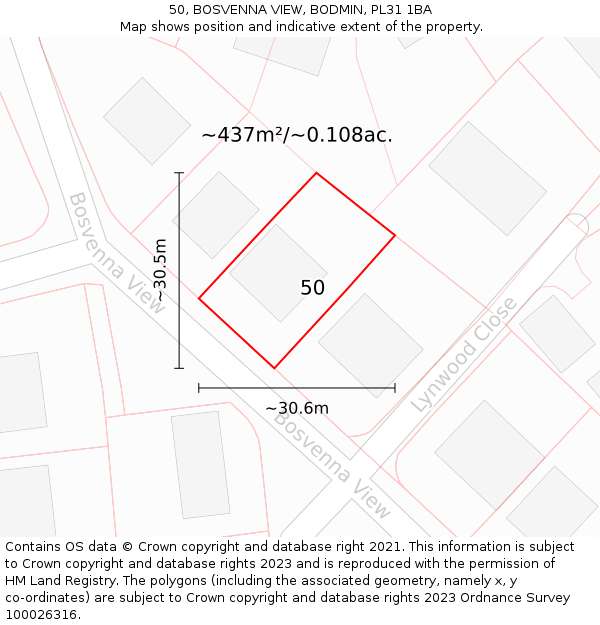 50, BOSVENNA VIEW, BODMIN, PL31 1BA: Plot and title map