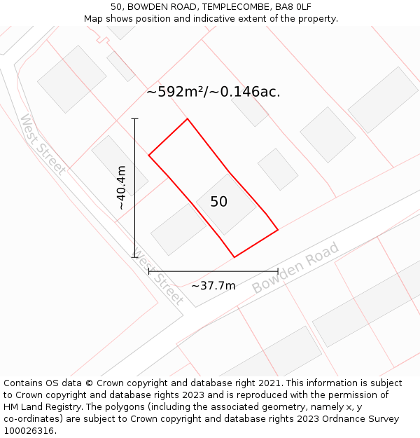 50, BOWDEN ROAD, TEMPLECOMBE, BA8 0LF: Plot and title map