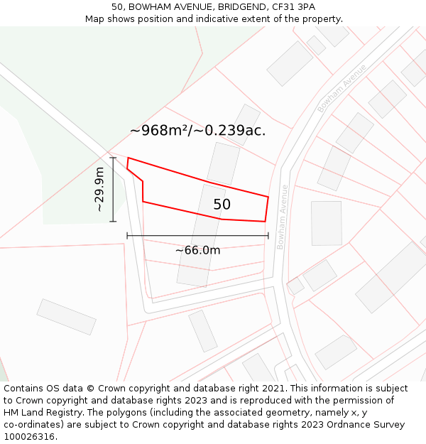 50, BOWHAM AVENUE, BRIDGEND, CF31 3PA: Plot and title map