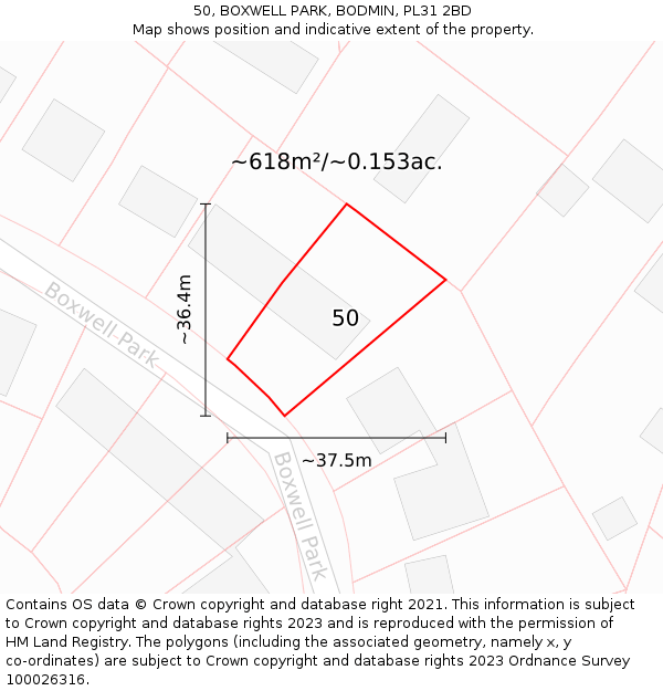 50, BOXWELL PARK, BODMIN, PL31 2BD: Plot and title map