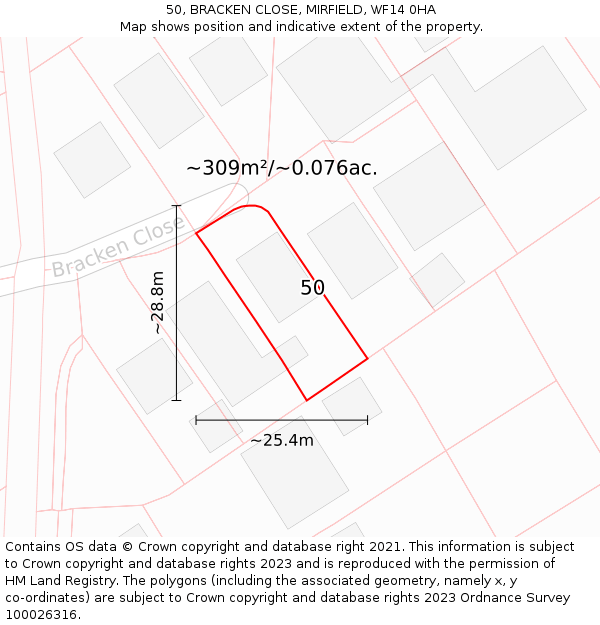 50, BRACKEN CLOSE, MIRFIELD, WF14 0HA: Plot and title map