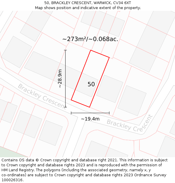50, BRACKLEY CRESCENT, WARWICK, CV34 6XT: Plot and title map
