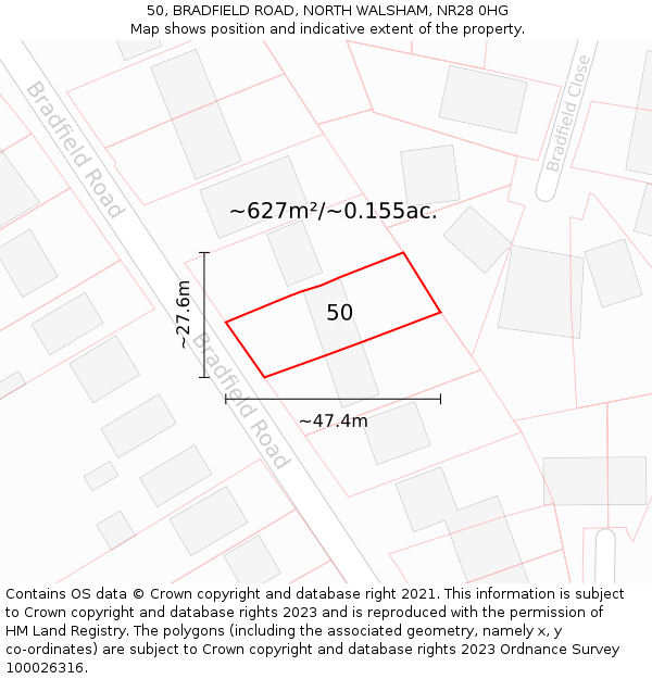 50, BRADFIELD ROAD, NORTH WALSHAM, NR28 0HG: Plot and title map